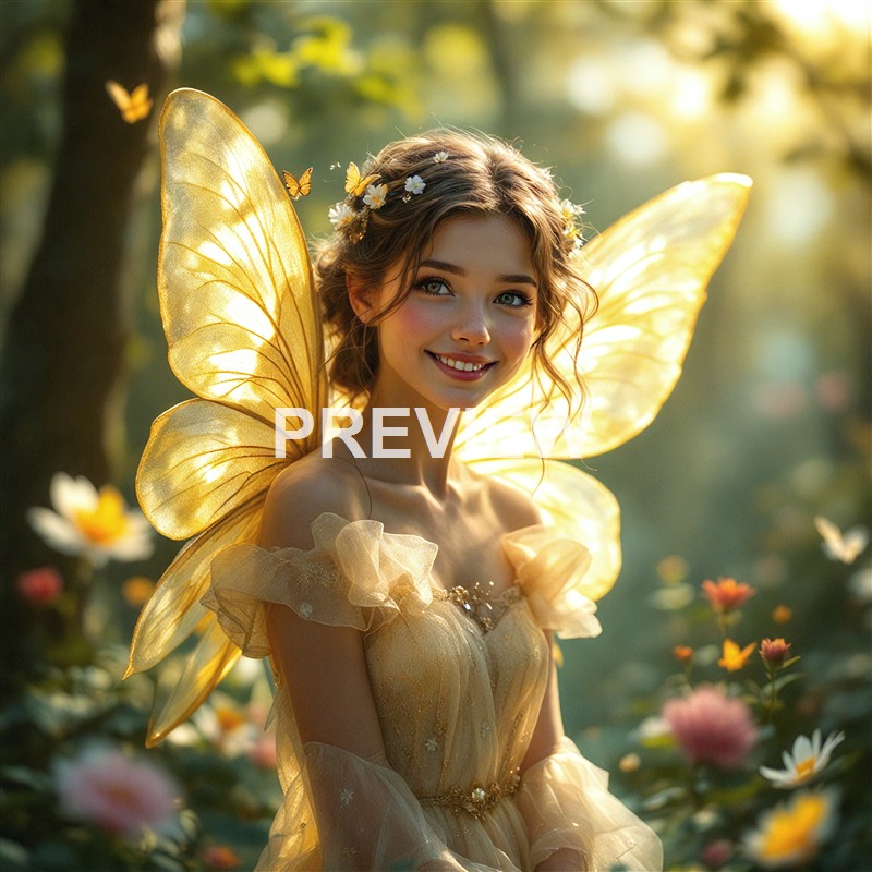 A young woman dressed as a fairy with glowing yellow wings, wearing a flower crown, standing among colorful flowers in a sunlit forest.